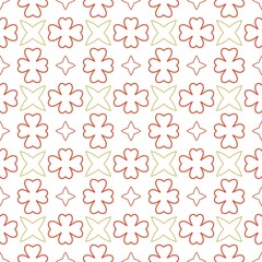 Geometric floral tile arrangement with four leaf clovers and star shapes. Bright floral motifs in lively red and olive outlines. Energetic vintage flower forms seamless pattern background.