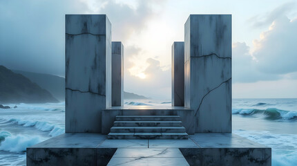 Minimalist cracked stone structure with steps on sunset beach with ocean waves and overcast sky creating dramatic ambiance