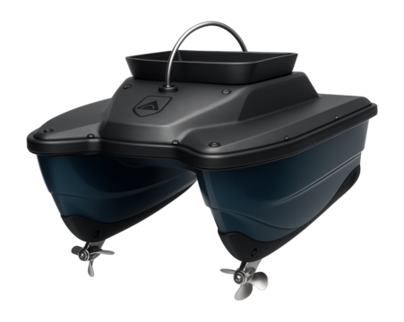 Catamaran-style bait boat with dual hulls and anti-capsize design for rough waters