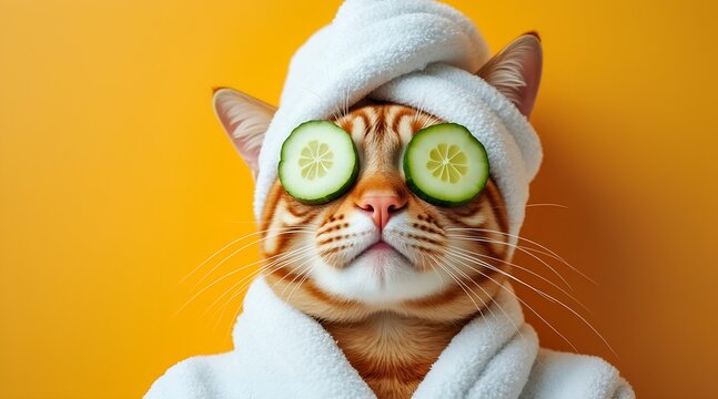 A cat enjoys a spa day with cucumbers on its eyes
