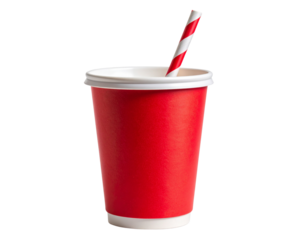  Angled side view of red paper cup with white lid and colorful striped straw, isolated on transparent background PNG