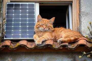 Top view of solar photovoltaic panels installed on a roof, promoting alternative energy solutions and contributing to a sustainable and eco-friendly lifestyle, Generative AI