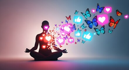 A person meditating with glowing social media 'like' and 'heart' icons, symbolizing digital wellness, positive online engagement, and mindfulness.