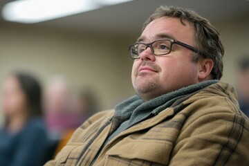 Man with Down syndrome attending an education class in a community center, highlighting inclusivity and equal access to education for individuals with disabilities, Generative AI