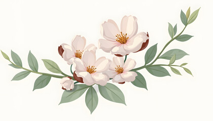 Obraz premium Delicate cluster of creamy white blossoms and lush green leaves, artfully arranged.