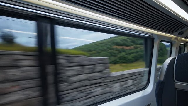 interior view from a high speed train racing past countryside barriers with increasing velocity as it nears 350 km/h perfect for transportation technology or futuristic travel motion concepts
