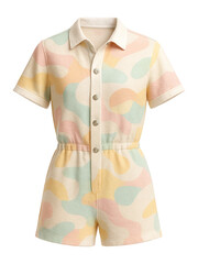 Printed cotton romper with short sleeves and a button-up front for beachwear