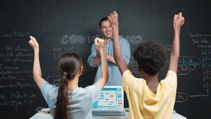 Teacher turn around and clapping hands to celebrate successful project while student raised arms with happiness. Instructor applause high school children to inspire to coding program. Edification - Powered by Adobe