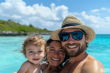 Happy family with a young son enjoying their time at the sea in an exotic destination,  cultural exploration and family bonding, Generative AI