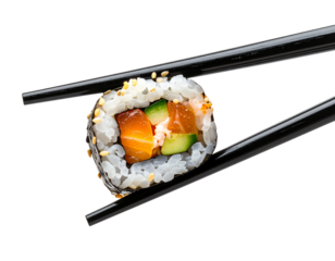 black chopsticks gripping a piece of sushi, side view isolated on transparent background PNG