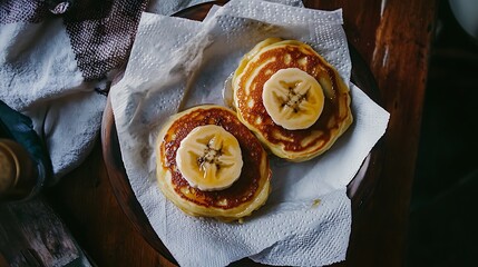 Three banana pancakes resting on a plate of paper towels