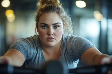 Overweight woman exercising on a rowing machine, engaging in a routine workout aimed at improving both physical and mental health, Generative AI