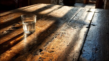 Single glass of water on aged wooden table with long shadows under natural light, conveying mindfulness, stillness, simplicity, quiet reflection, and time flow in a minimal setting.