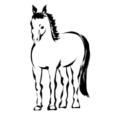 午年、年賀素材、墨・筆タッチ_正面から見た馬のベクターイラスト