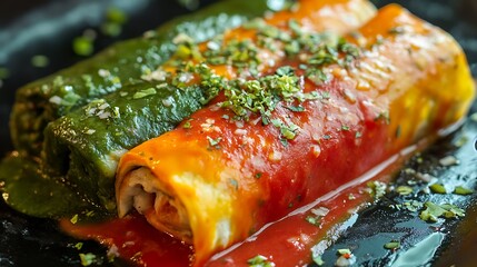 Three colored wet burrito served in red and green sauce looks and tastes appealing