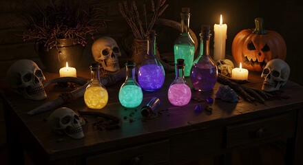 Spooky Halloween Table Setting with Glowing Potions and Skulls


