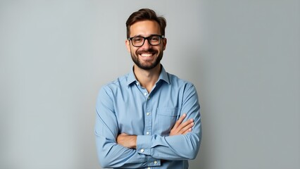 A captivating portrait of a happy, fashionable, and handsome man, confidently posing in a jeans shirt and glasses with his arms crossed and a warm smile.