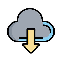 Obraz premium Cloud with downward arrow in flat style, representing data download, cloud storage, digital transfer and internet technology, on white background, no people 