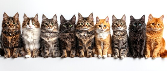 A row of ten cats of varying colors and patterns sit side-by-side against a white background