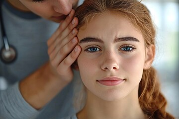Teenage girl experiencing  pain, with a young doctor examining her and providing medical care in a healthcare setting, Generative AI