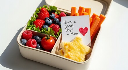 An open lunchbox filled with healthy snacks like berries, carrots, cheese star, tomato, and a note from Mom.