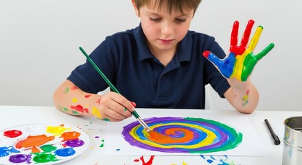 A young boy is painting a colorful spiral on white paper with a brush, his hand covered in vibrant paint.