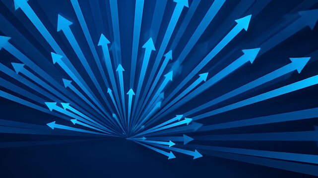Numerous blue arrows radiating upwards and outwards against a dark background
