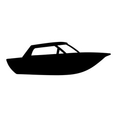 Silhouette of a sleek motorboat with cabin in striking black and white