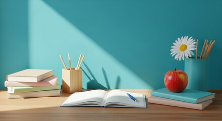 A bright, sunlit scene featuring stacked books, an open book with a pen, an apple, and a vase of daisies against a turquoise wall.