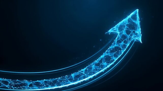 A glowing blue geometric arrow curves upward against a dark blue background