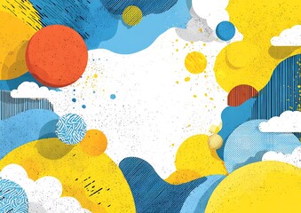 Colorful blue and yellow abstract background with geometric shapes, bright cheerful palette, white space center, playful fun vector design.