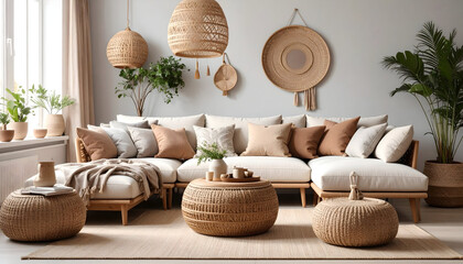 Neutral Beige Living Room with Woven Accents and Natural Textures