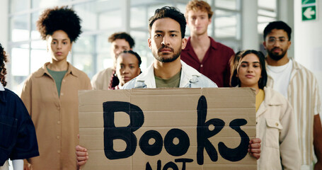 Protest, poster and man with portrait of students for school shooting, awareness and justice....