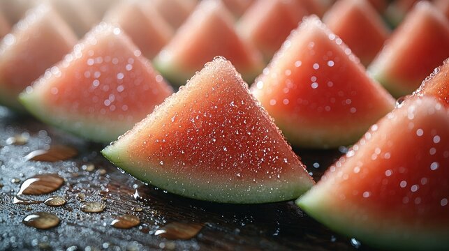 Close-up of many triangular watermelon slices.  Water droplets and a dark wooden surface