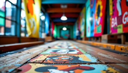 Fototapeta premium an interior space that appears to be a vibrant and artistic room, likely a public area given its open layout and the presence of signs on the walls