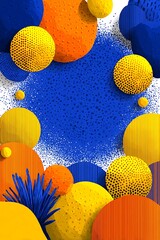 Colorful blue and yellow abstract background with geometric shapes, bright cheerful palette, white space center, playful fun vector design.
