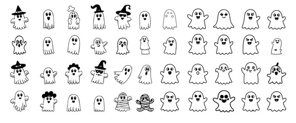 Cute Halloween Ghost Illustrations:  A Collection of Whimsical, Hand-Drawn Boo Characters in Black and White.