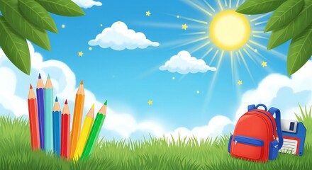 Colorful pencils stand on green grass under a bright sun, with a red backpack and floppy disk nearby, set against a blue sky with clouds.