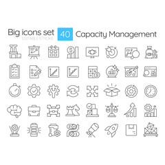 Capacity management line icons set. Organization resources control. Efficiency strategy. Business planning. Isolated vector outline illustrations. Thin lineart iconset symbols. Editable stroke
