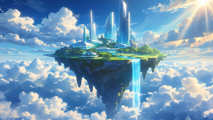 Breathtaking Floating Island Suspended in the Sky with Lush Greenery, Waterfalls, and Magical Atmosphere – Fantasy Landscape Concept