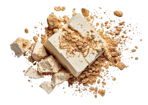 Crumbly, light-colored block of food, scattered with small, textured crumbs