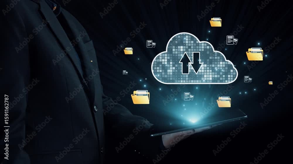 Poster a businessman holds a tablet displaying a cloud computing graphic with folder icons. this image symb