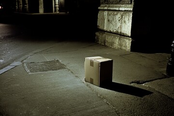 Cardboard box on a city street at night.