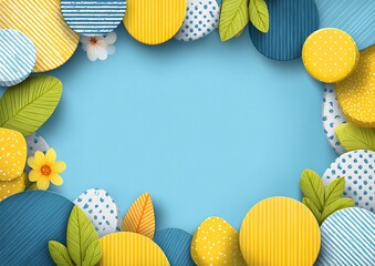 Blue and yellow abstract background with geometric shapes, rounded border, large white center space for colorful posters or fun decorations.