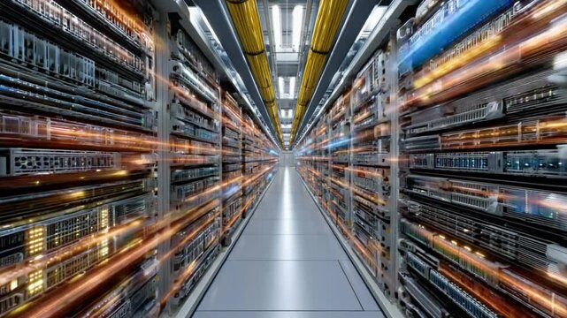 Data Center Efficiency: A high-angle shot showcases the impressive scale of a cutting-edge data center, with rows of servers bathed in a vibrant display of networked data flow.