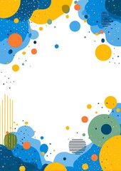 Blue and yellow abstract background with geometric shapes, rounded border, large white center space for colorful posters or fun decorations.
