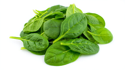 Fototapeta premium Fresh spinach leaves, showcasing vibrant green colors, crisp textures, and healthy appearance, piled together on white. AI generated. 