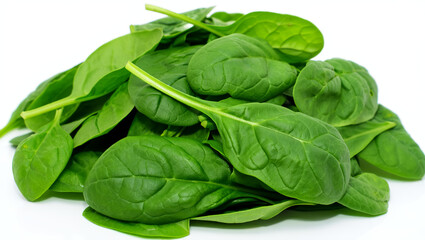 Fototapeta premium Fresh spinach leaves, showcasing vibrant green colors, crisp textures, and healthy appearance, piled together on white. AI generated. 
