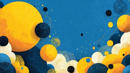 Blue and yellow abstract background with geometric shapes, rounded border, large white center space for colorful posters or fun decorations.