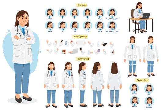 Female Doctor Character Constructor for Animation. Female General Physician Doctor with Lip Sync, Hand Gestures, Expressions, and Medical Accessories.
